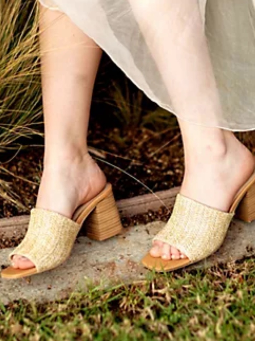 Seychelles Woven Raffia Slide Sandals in Tan and Cream